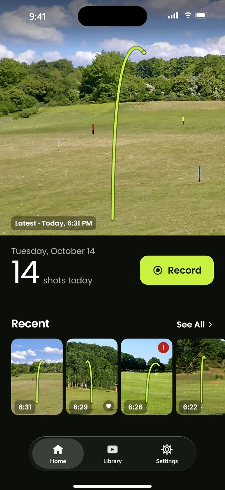 Contrail home screen: today’s latest shot with its tracer, a count of 14 shots today, a lime Record button and recent clips.