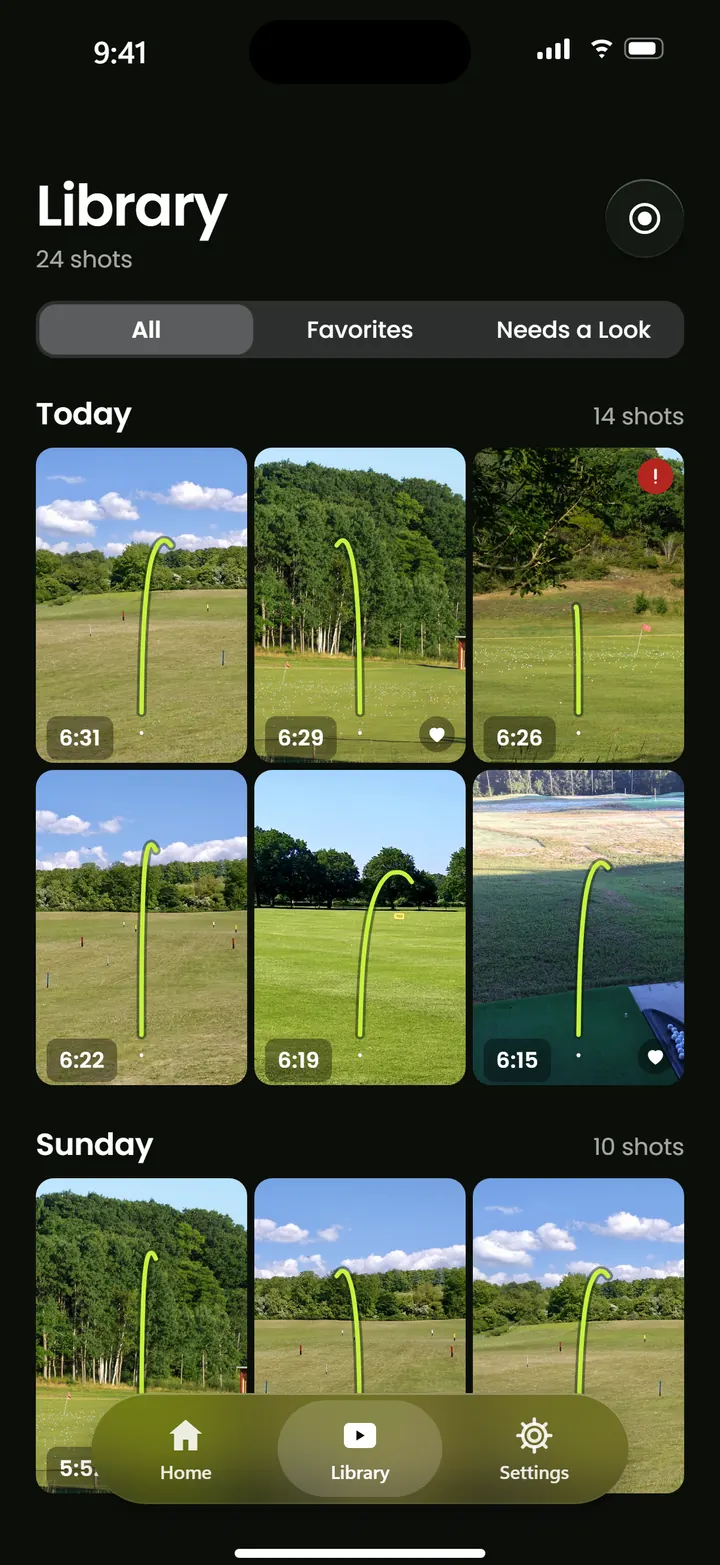 Contrail library: shot thumbnails grouped under Today and Sunday, each showing its tracer line.