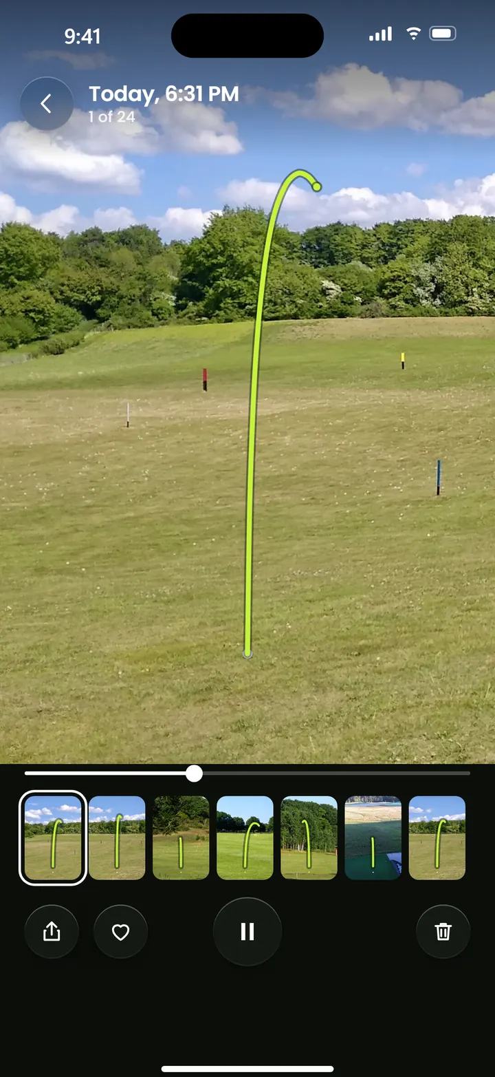 Contrail shot view: a range video with a lime tracer rising into the sky, a strip of other shots below.