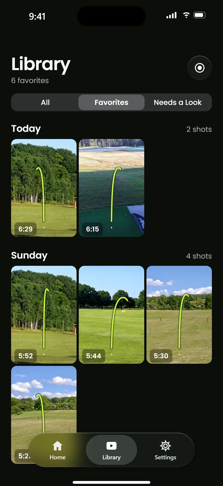 Contrail library filtered to Favorites, showing shots from Today and Sunday.