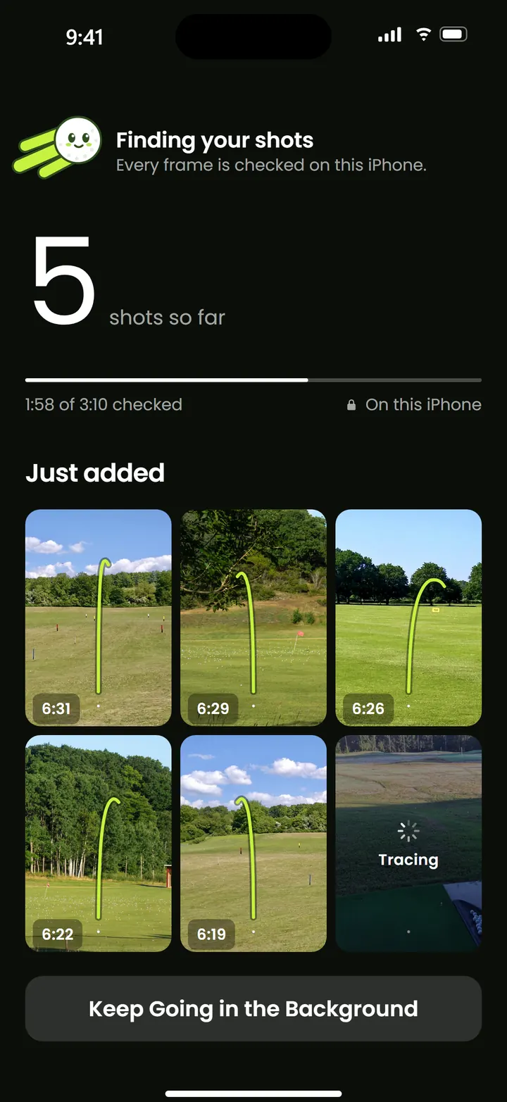Contrail finding shots: a count of shots found so far, a progress bar and new clips appearing in a grid.